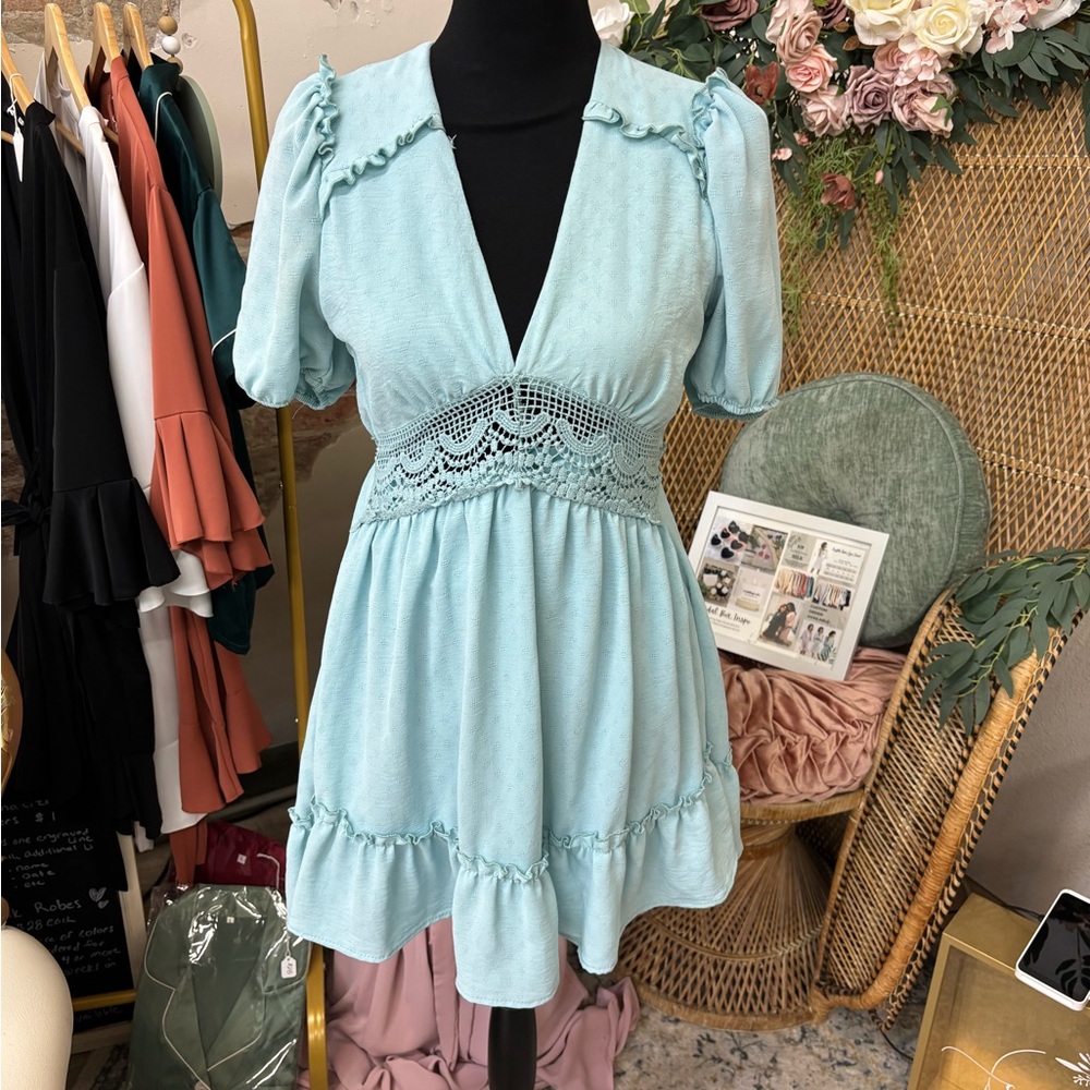 Elegant Blue Dress with Crochet Detail